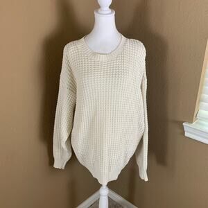 Vintage Coldwater Creek Cotton Fisherman Sweater Cream Made USA XL Textured Knit